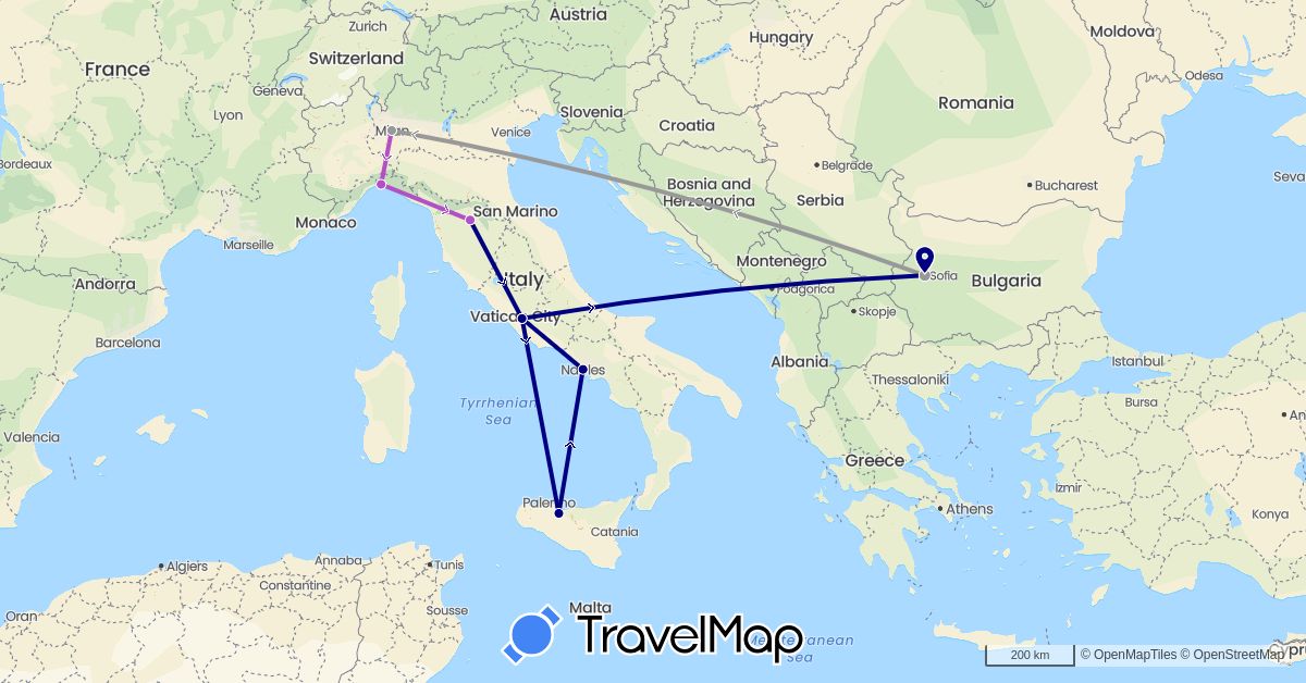 TravelMap itinerary: driving, plane, train in Bulgaria, Italy (Europe)
